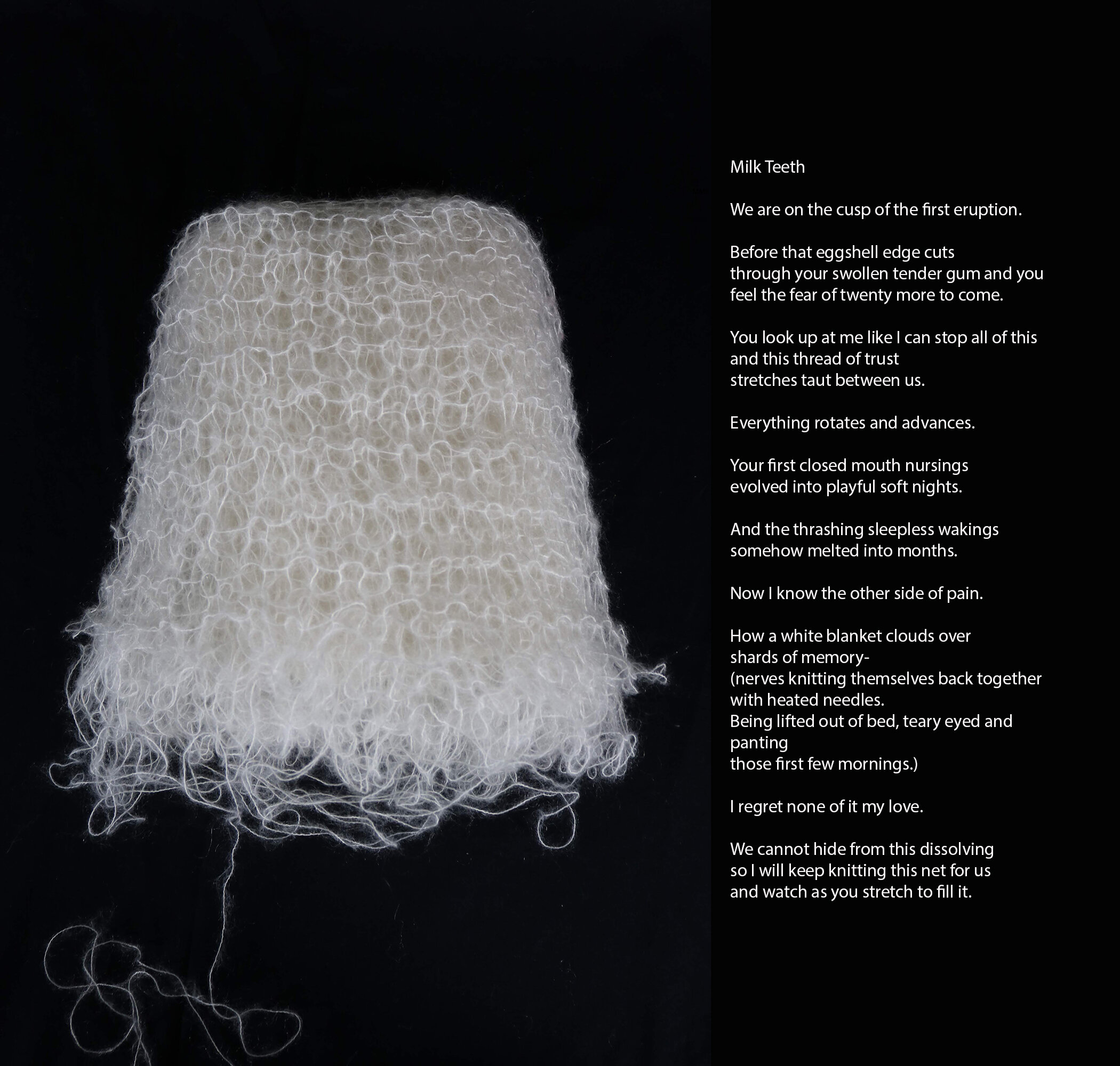   Milk teeth , 2019, handmade kozo paper, transfers, gouache, embroidery, knit wrap, 12”x9”x3” closed. Poem by the artist.     