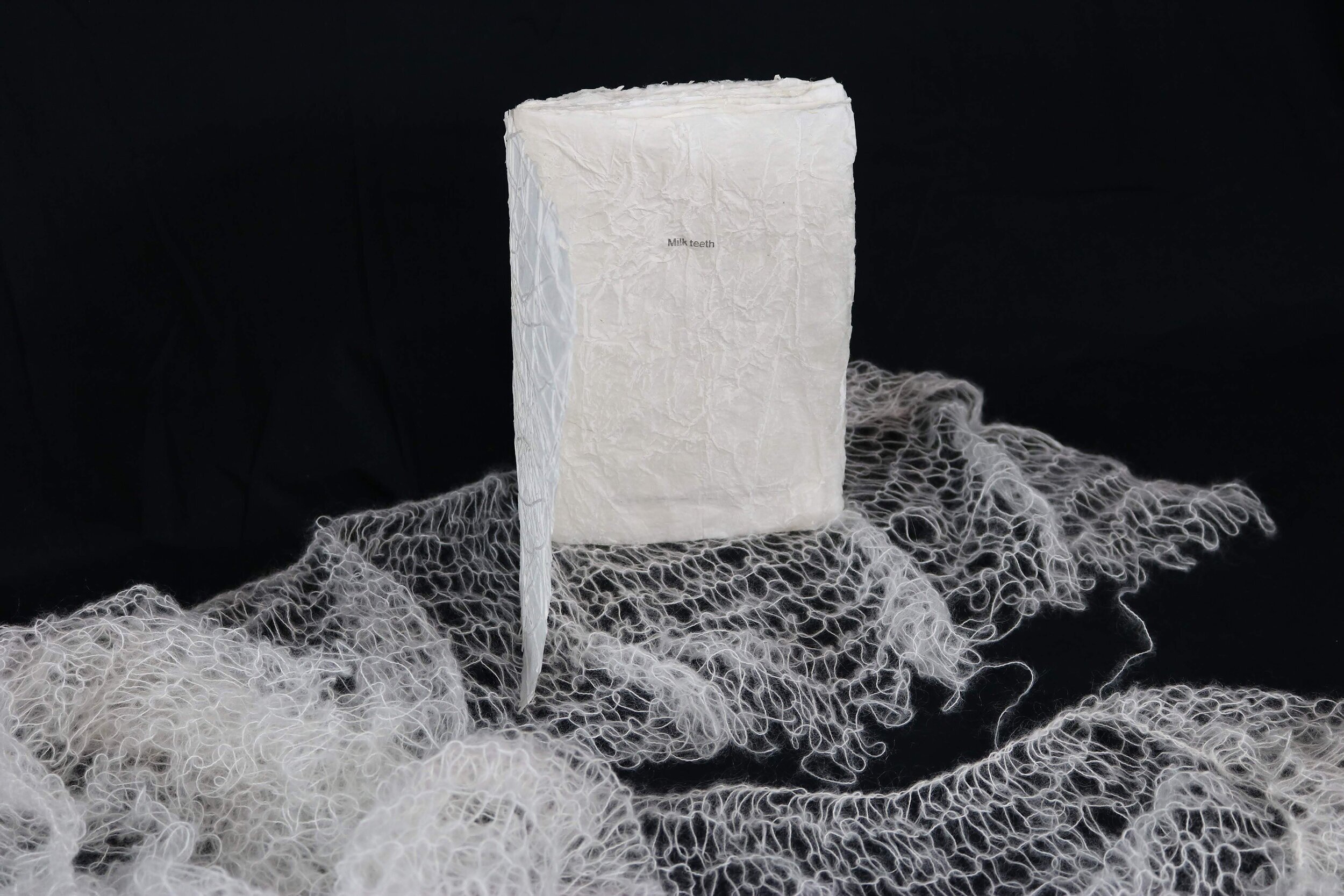    Milk teeth , 2019, handmade kozo paper, transfers, gouache, embroidery, knit wrap, 12”x9”x3” closed   