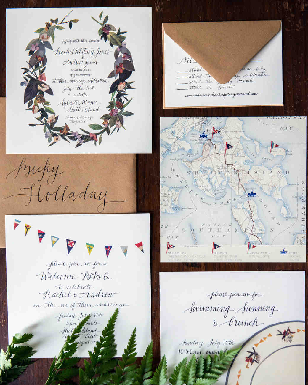 CALLIGRAPHED MAPS Atlases are to destination weddings as cocktail umbrellas are to piña coladas. But they're also a nice way to help out-of-towners get acclimated at any nuptials. To showcase your locale, enlist a calligrapher who specializes in mapping. Be sure to request a digital file so you can print multiple copies, then include them in your invitations or tuck them into welcome bags upon arrival. These custom Edwina White invites, created for a summer wedding on New York's Shelter Island, were calligraphed by Bethany Siekmeier . Photography: Amaranth Photography