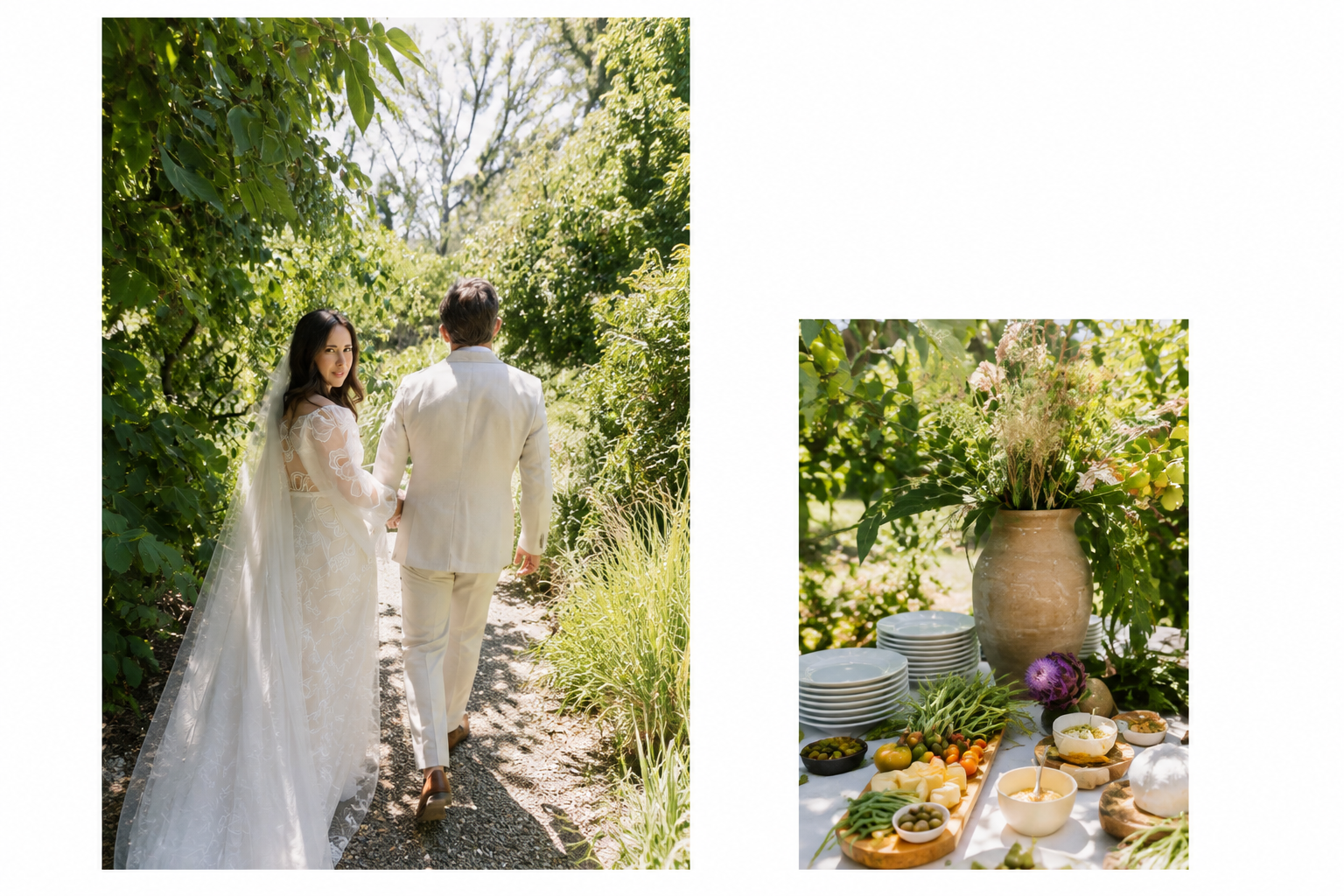 Nora and Noah at their Northern California garden wedding with an abundant seasonal food display.