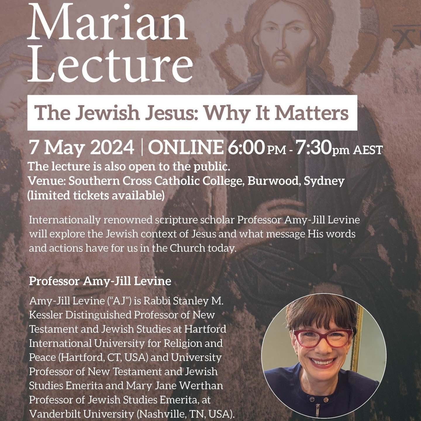 A reminder to all Marists &amp; friends about the 2024 Marian Lecture: Professor Amy-Jill Levine presents 'The Jewish Jesus: Why it Matters'. Next Tuesday 7 May 2024 6:00 PM - 7:30pm AEST. REGISTER HERE https://buff.ly/3T8GfqE See you all there! #wem