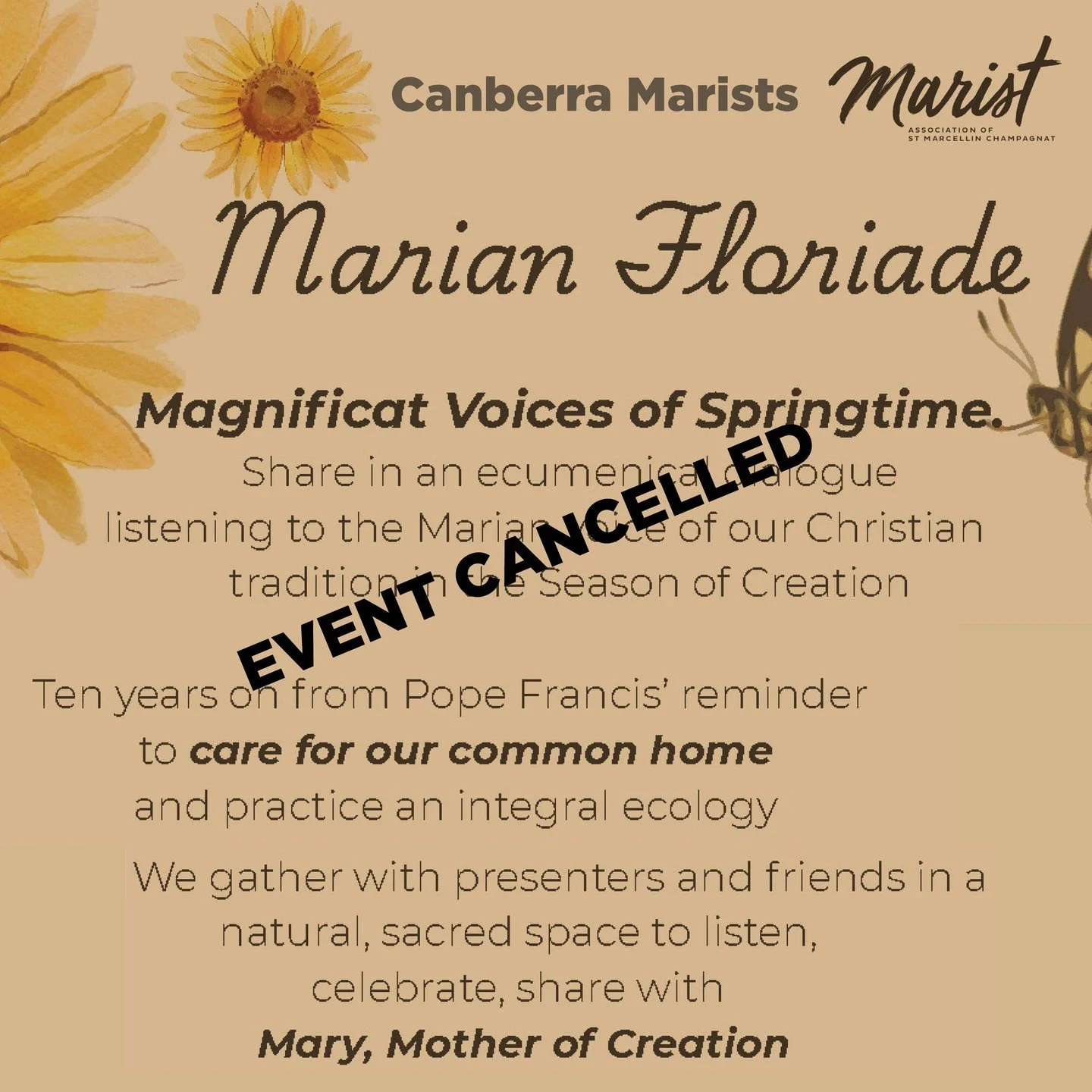 Dear Friends, I regret to inform you that this event has been cancelled. Thanks so much for expressing your interest and support for this initiative to care for God&rsquo;s creation and protect the planet in the tradition of Mary, Mother of Creation.