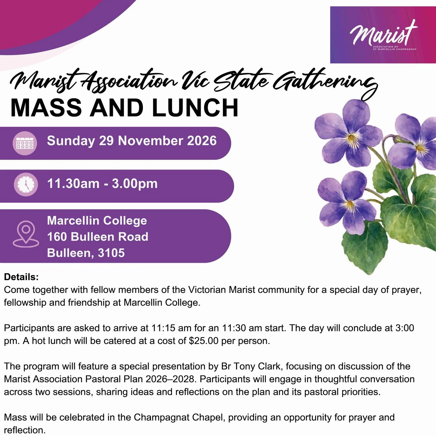 Hey all Victorian members! Our second VIC State Gathering is happening on Sunday 29 November at Marcellin College Bulleen. Following the success of the first one last year, Br Tony Clark will lead two discussion sessions and we will enjoy a lovely ca