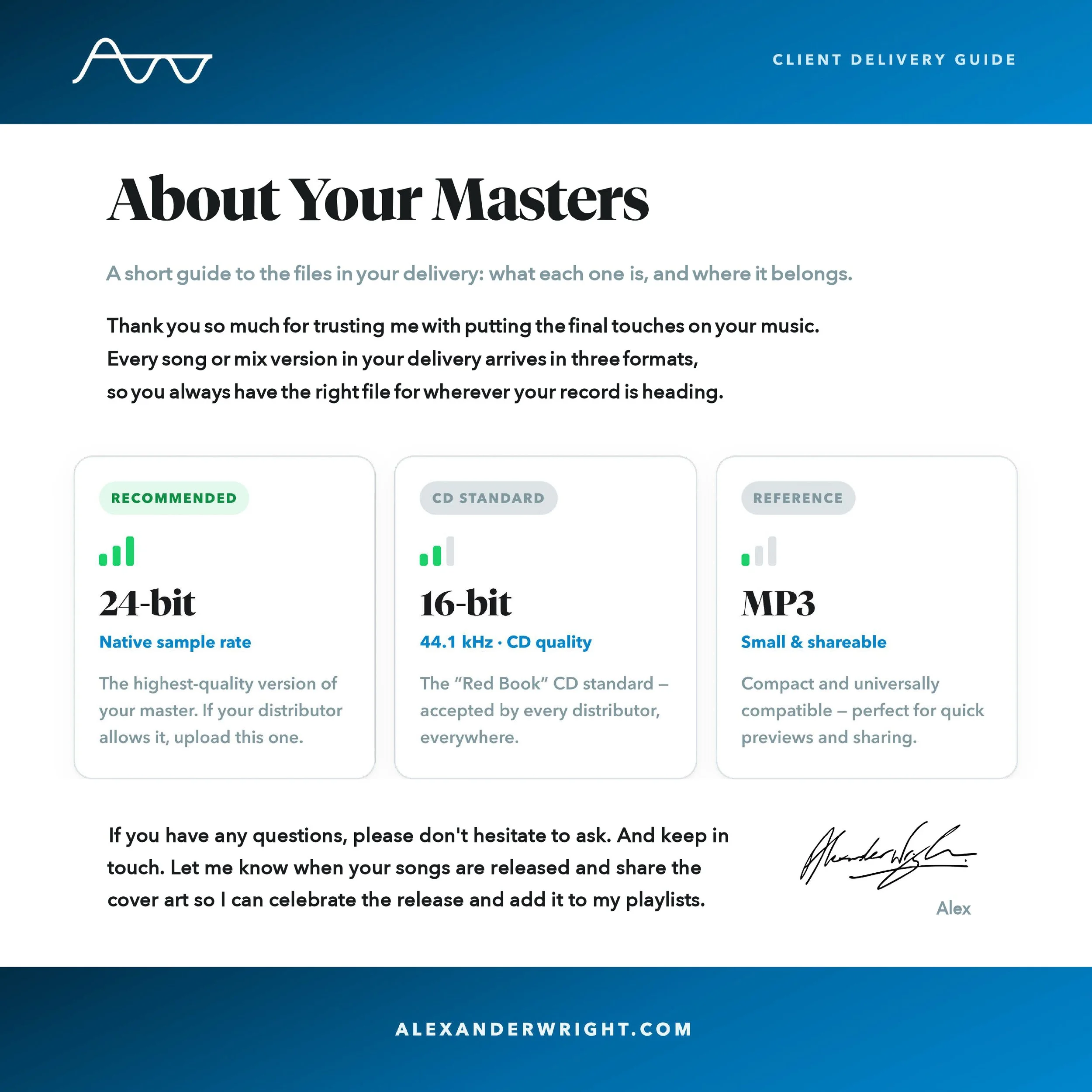 Alexander Wright Mastering about your masters client delivery guide