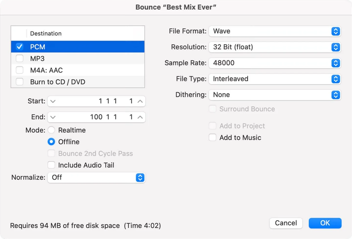 Ideal Mix Bounce Settings (Logic file export window)