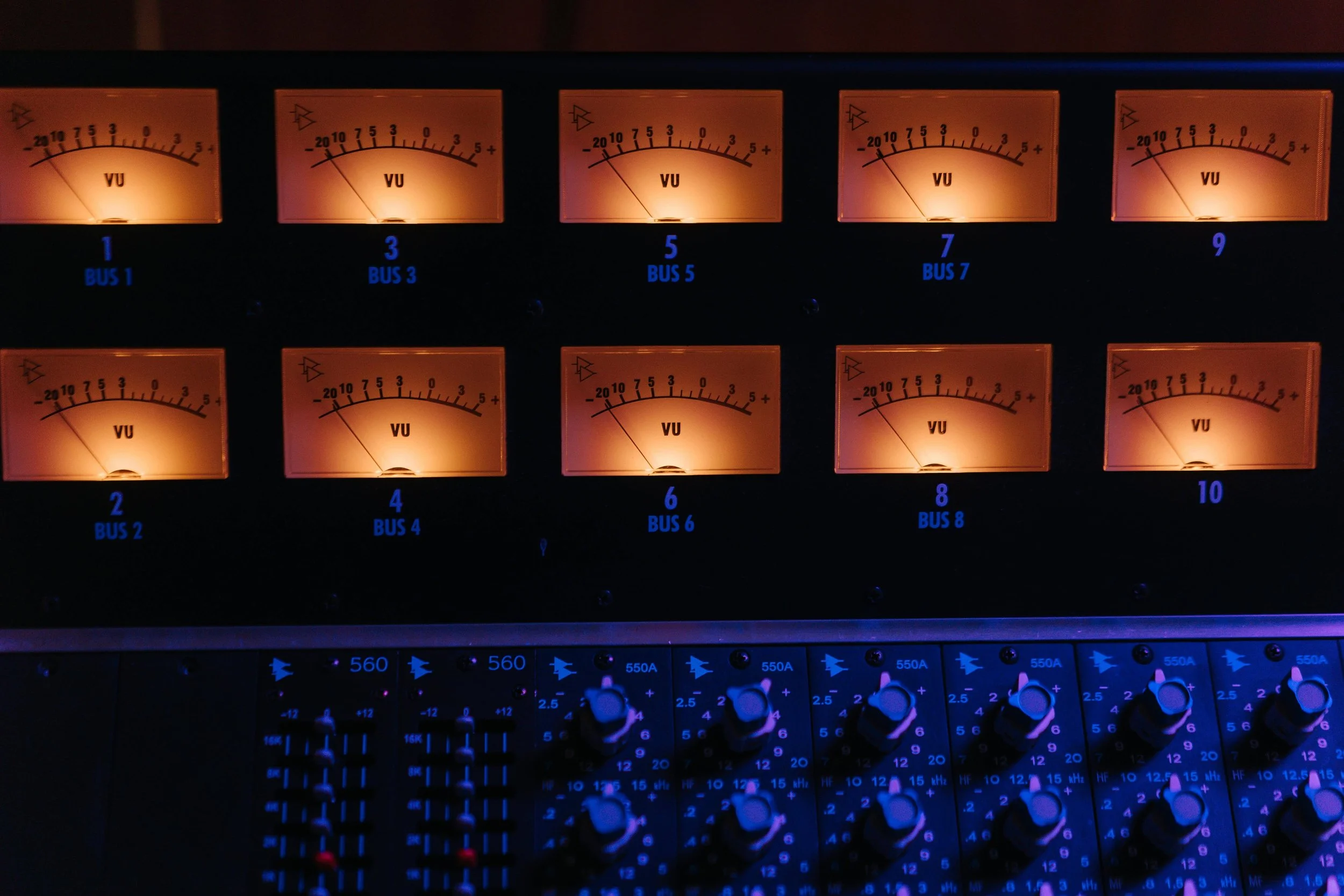 Backlit Analog VU Meters on a mixing console