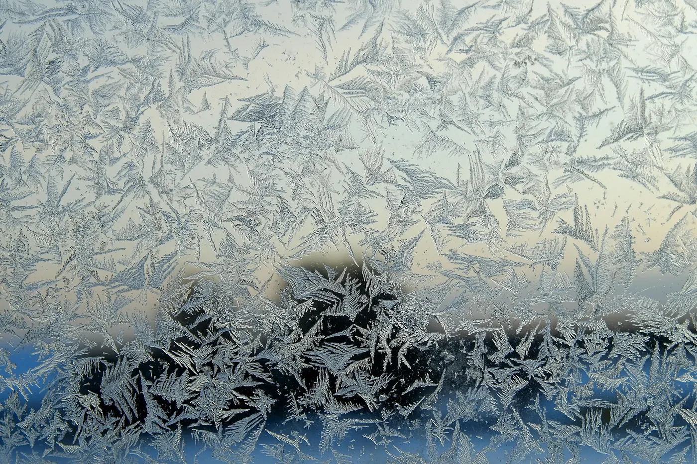 Frost patterns on glass with a blurred winter landscape beyond
