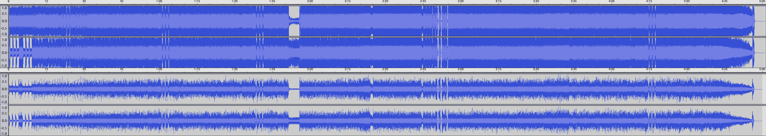 Comparison of two waveforms of the song “My Apocalypse” by Metallica: top is the regular CD version, bottom is the downloadable version for Guitar Hero III