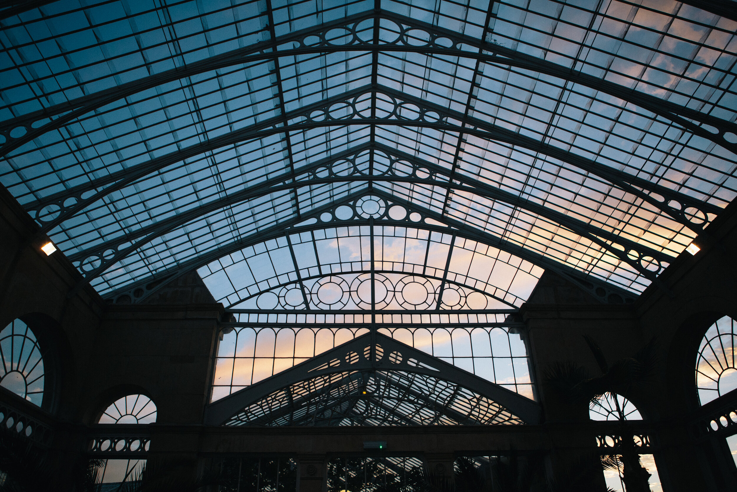 Sunset through Syon Park conservatory roof