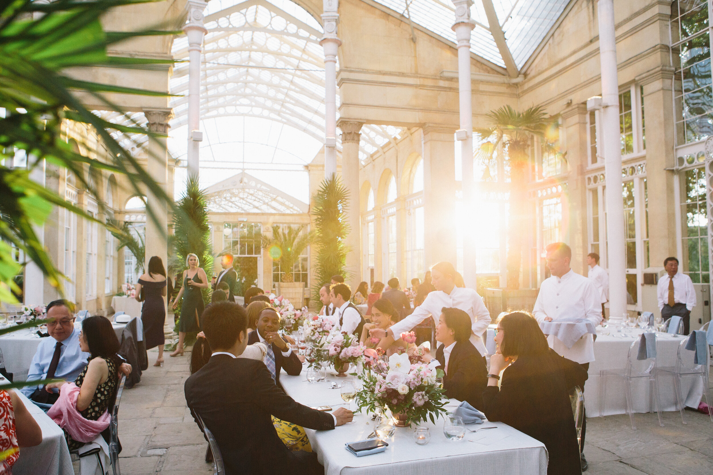 Guests eating dinner at Syon Park wedding venue