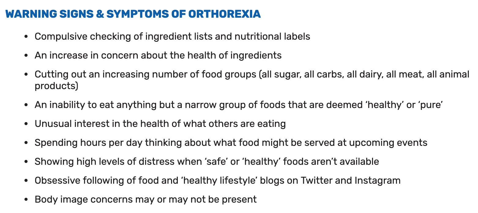 Symptoms of Orthorexia from the NEDA website.