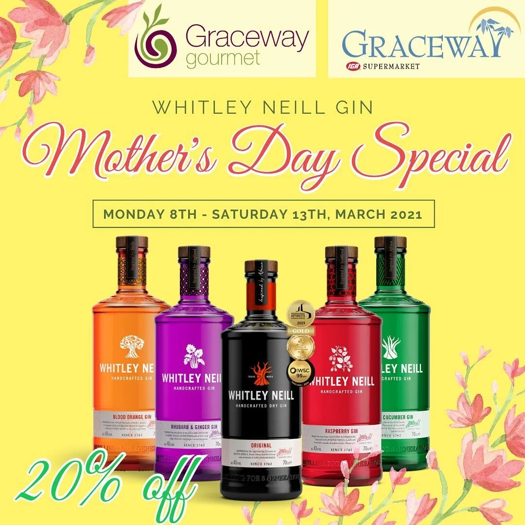 Celebrate UK Mother's Day with 20% off Whitley Neill Gin 🍸 and Select Wines 🍷 at Graceway IGA and Gourmet! 

Keep an eye out for Whitley Neill cocktail recipes, coming soon on our page! 🌸💕

🍸Whitley Neill Gin:
🖤 Original 
❤️ Raspberry
🍊 Blood 