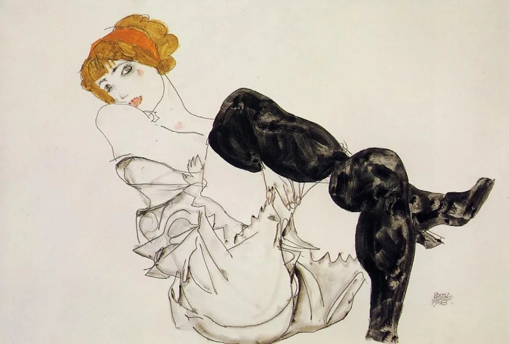 1913 Egon Schiele / Frau in schwarzen Strümpfen .