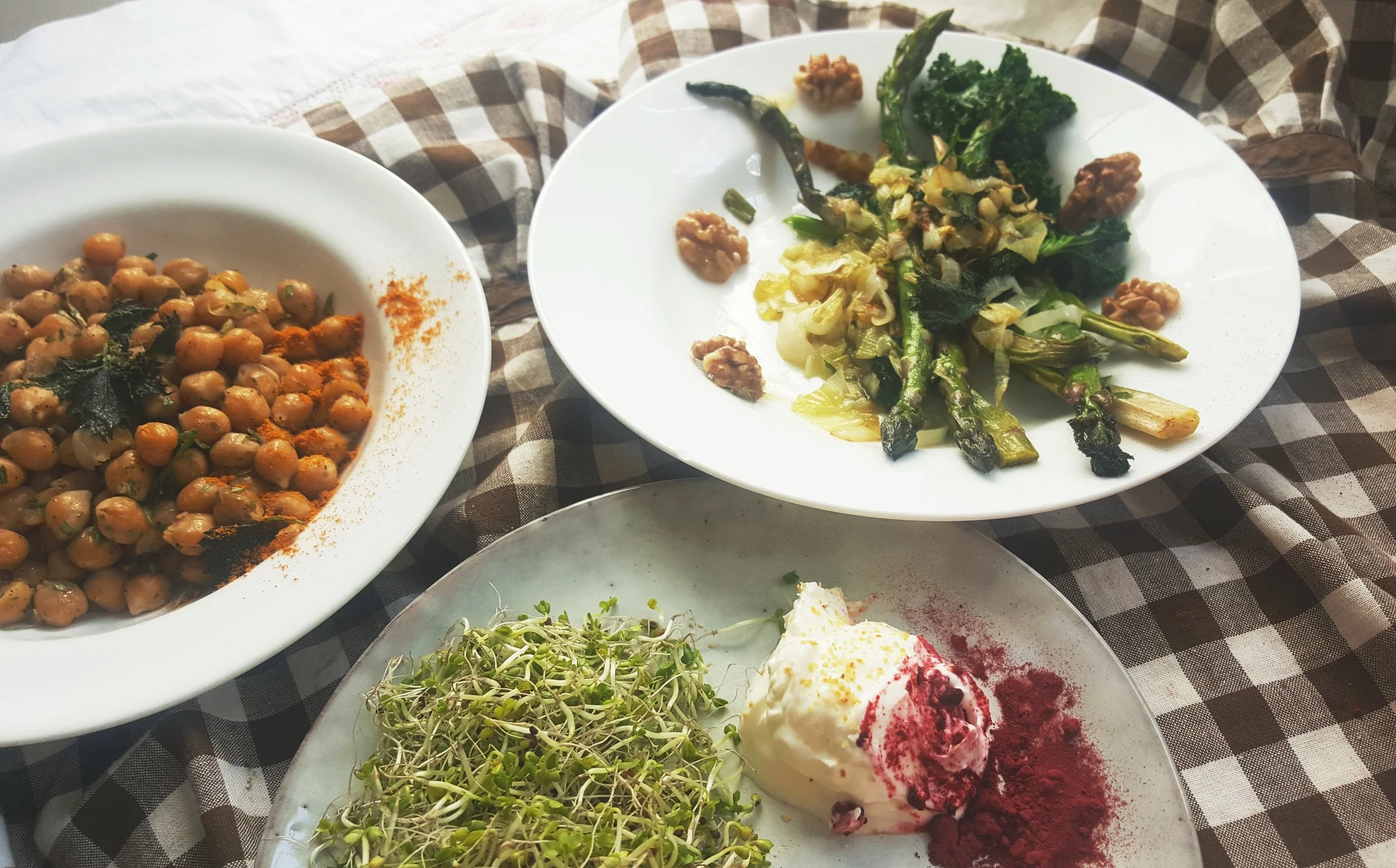 Rostade kikärtor & honungsrostad valnöt, silver- & vitlöksstekt sparris samt grönkål & brännässla från härd. Fräschör från grönkålsgroddar & rysk yoghurt med rödbetspulver.
