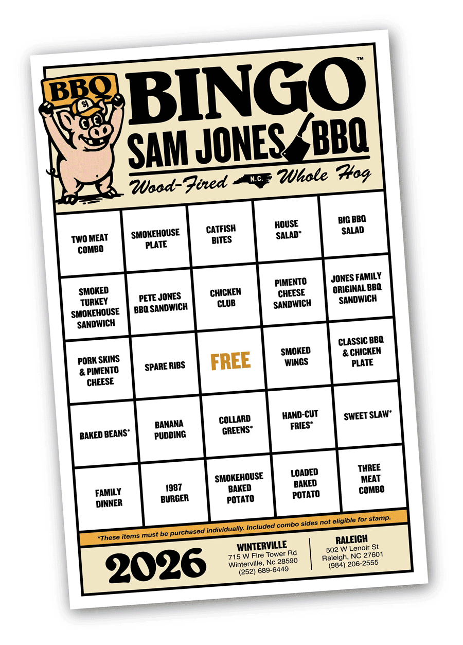 An animated graphic showing a "BBQ Bingo" card with a 5x5 grid of squares, each with a different menu item, and small red pig-shaped stamps filling various squares