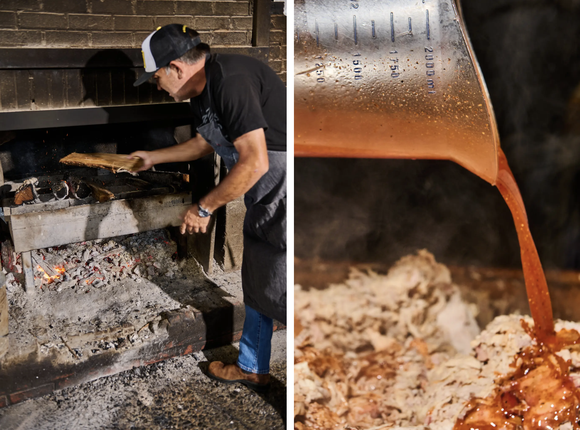 Left: Tending to the wood-fired stove at Sam Jones BBQ, in Winterville, N.C. / Right: A special vinegar-based sauce is mixed into chopped pork.