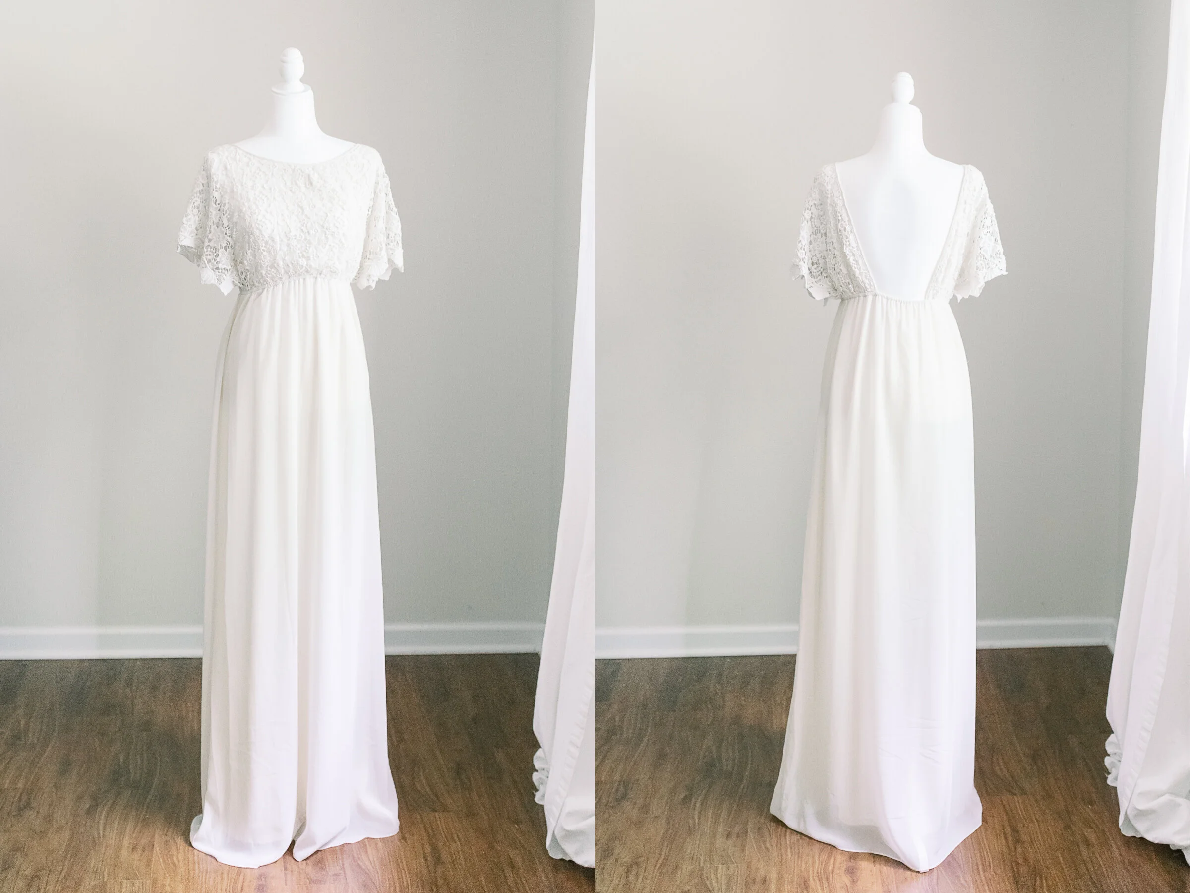 Cream Open Back Dress with Lace Top - Size M