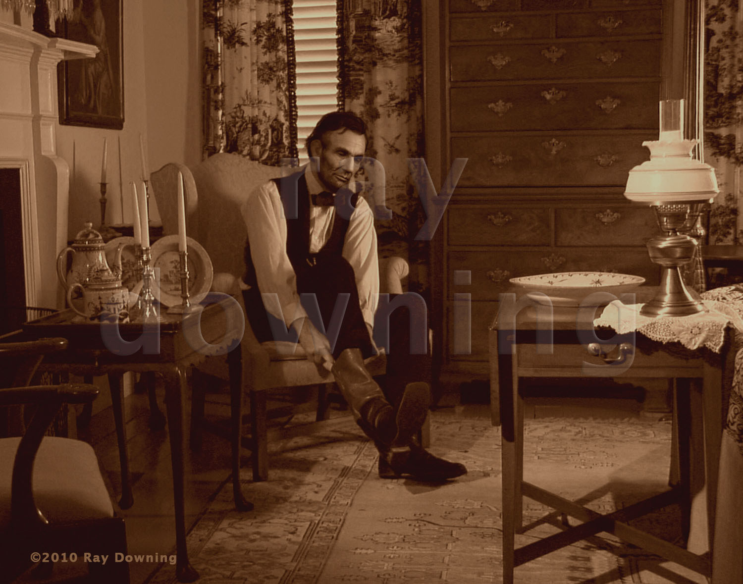 Abraham Lincoln putting on his boots