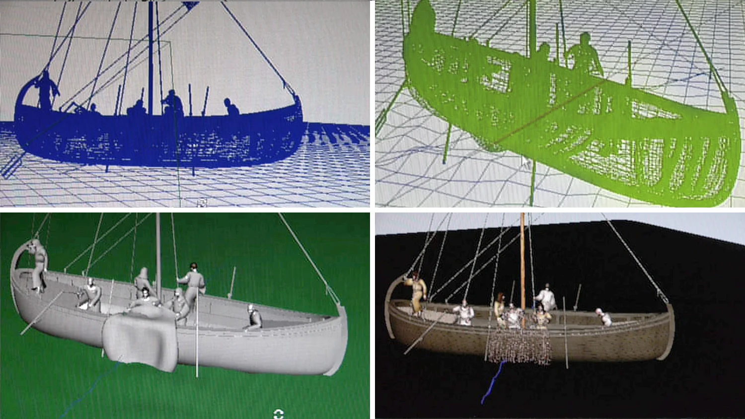 Computer screen renders of the Sea of Galilee boat at Studio Macbeth.