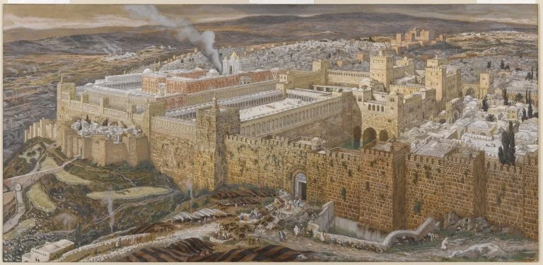James Tissot (French, 1836-1902). Reconstruction of Jerusalem and the Temple of Herod , 1886-1894. Opaque watercolor over graphite on gray wove paper. Brooklyn Museum.
