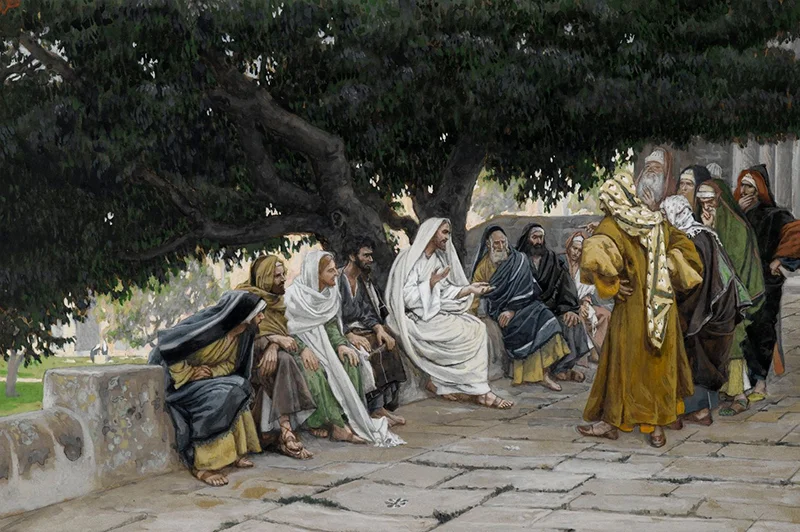 James Tissot (French, 1836-1902). The Pharisees and the Sadducees Come to Tempt &nbsp;Jesus, 1886-1894. Opaque watercolor over graphite on gray wove paper.&nbsp;Brooklyn Museum.