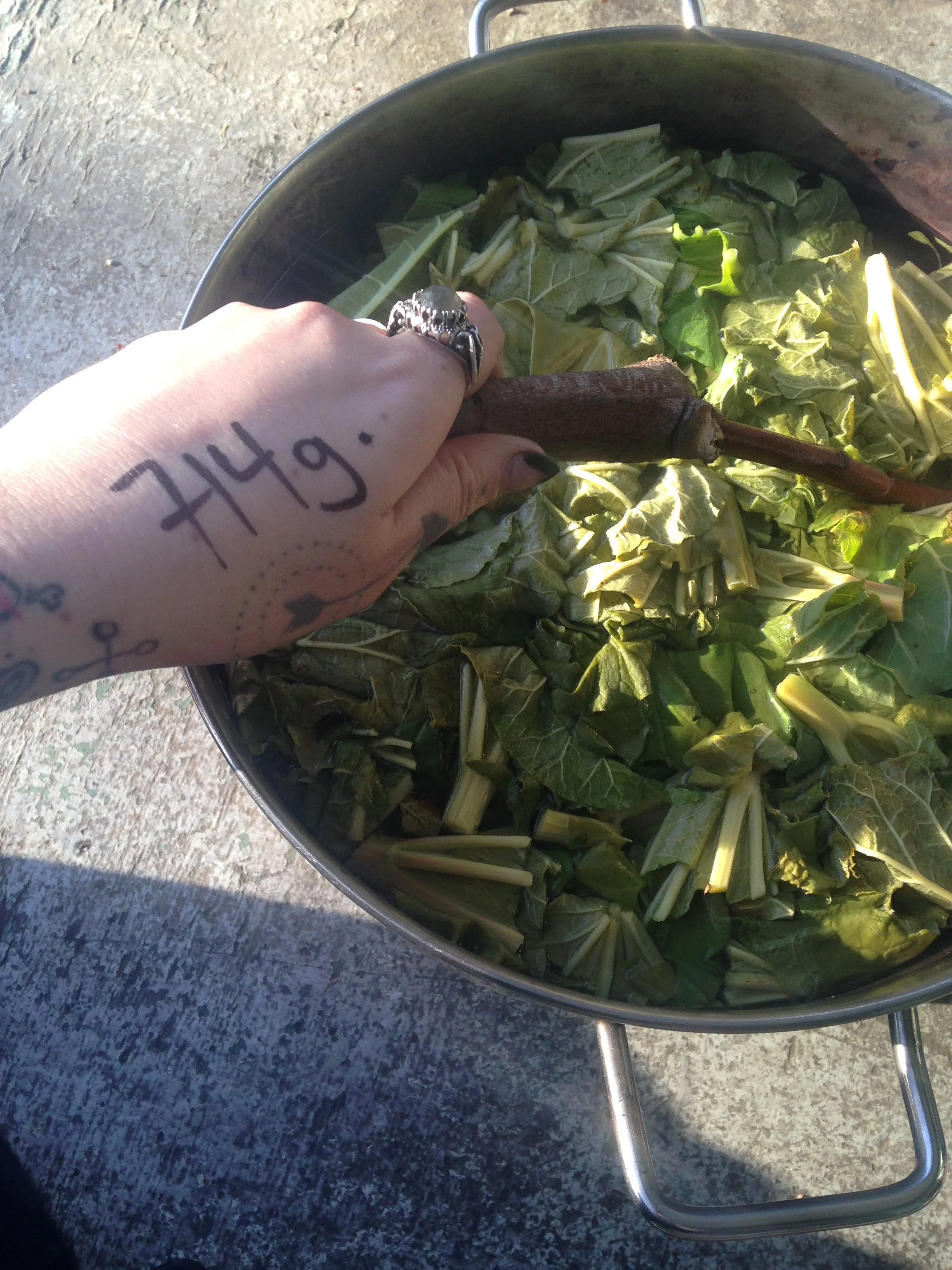 Stirring the pot while it cooks down. Note: I wrote the amount of leaves on my hand as not to forget!
