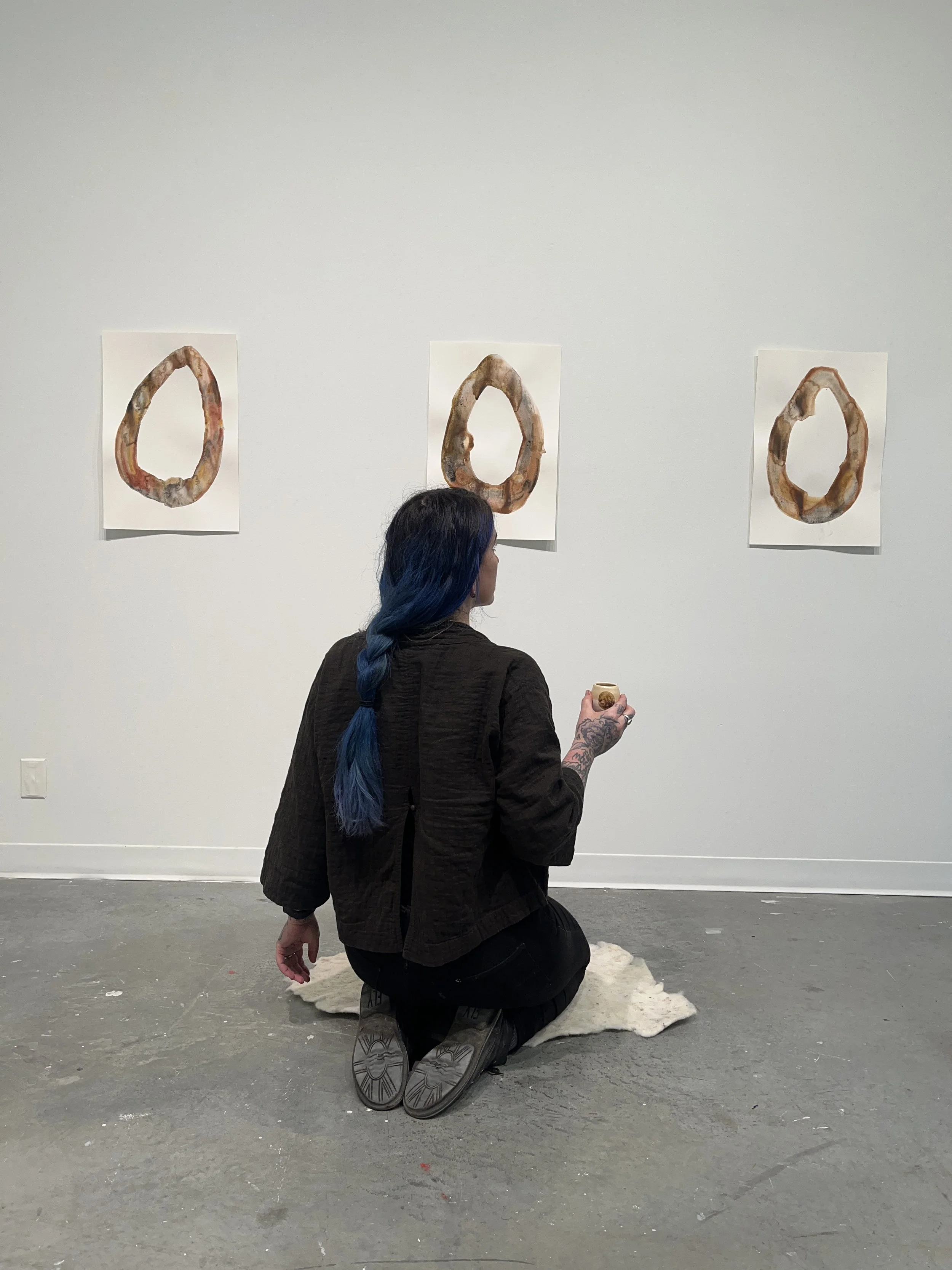 Earth Pigments on Rag Paper, Earth Pigments on Ceramic, Felted Wool, Lake Water.