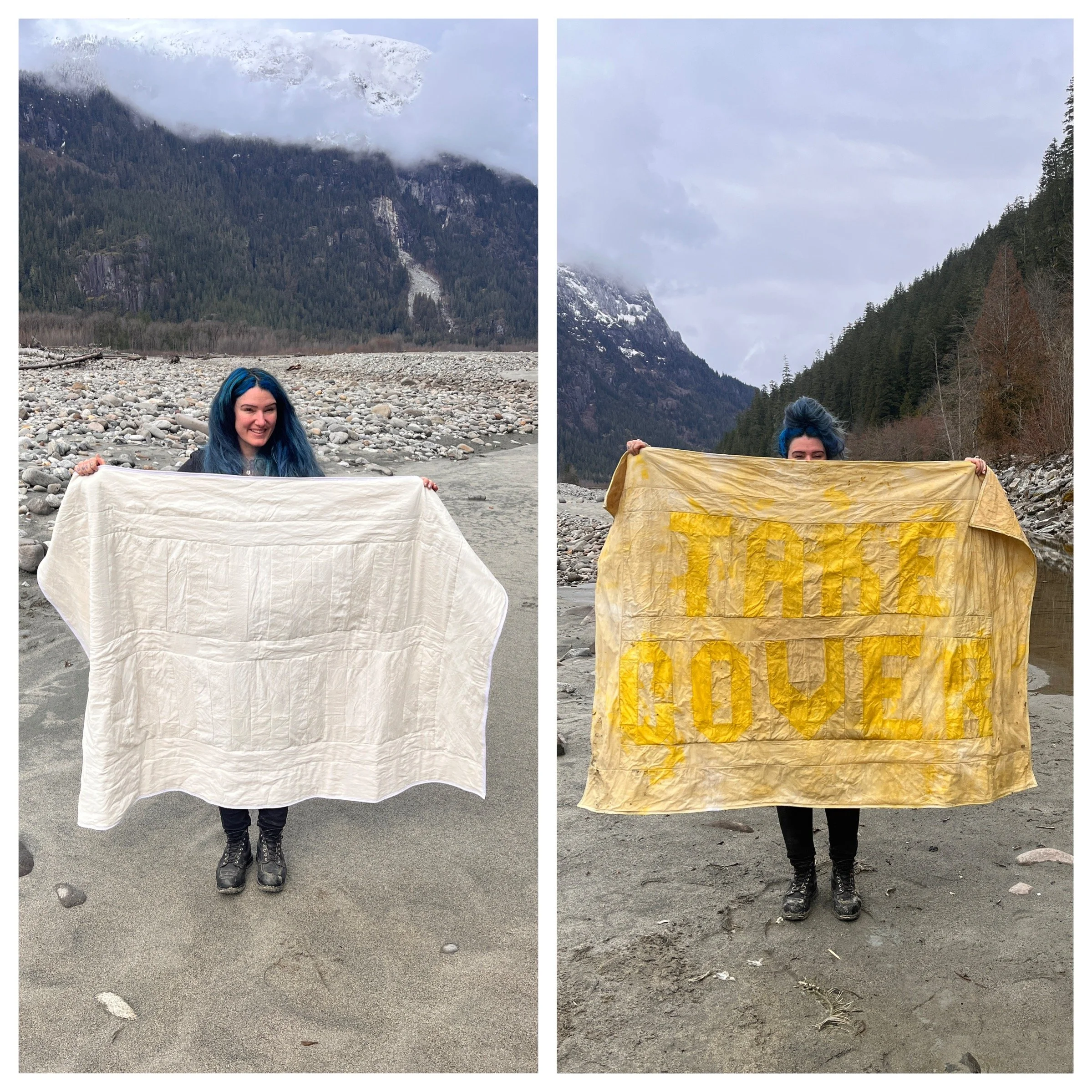 Linen and silk quilt: naturally dyed by burying it in a hole with marigold dye solution, buried, and building a fire atop the work. The words 'TAKE COVER' were mordanted to take up the dye. 