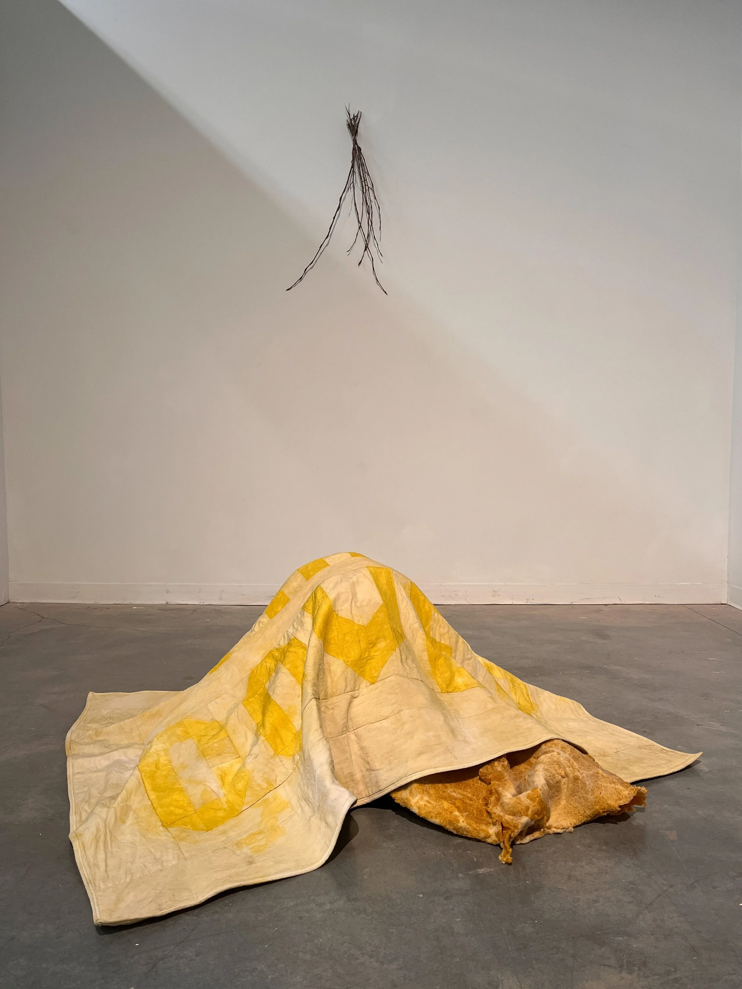 Naturally dyed quilt, wool and beeswax form, cottonwood branches, linen thread, and sound elements. 