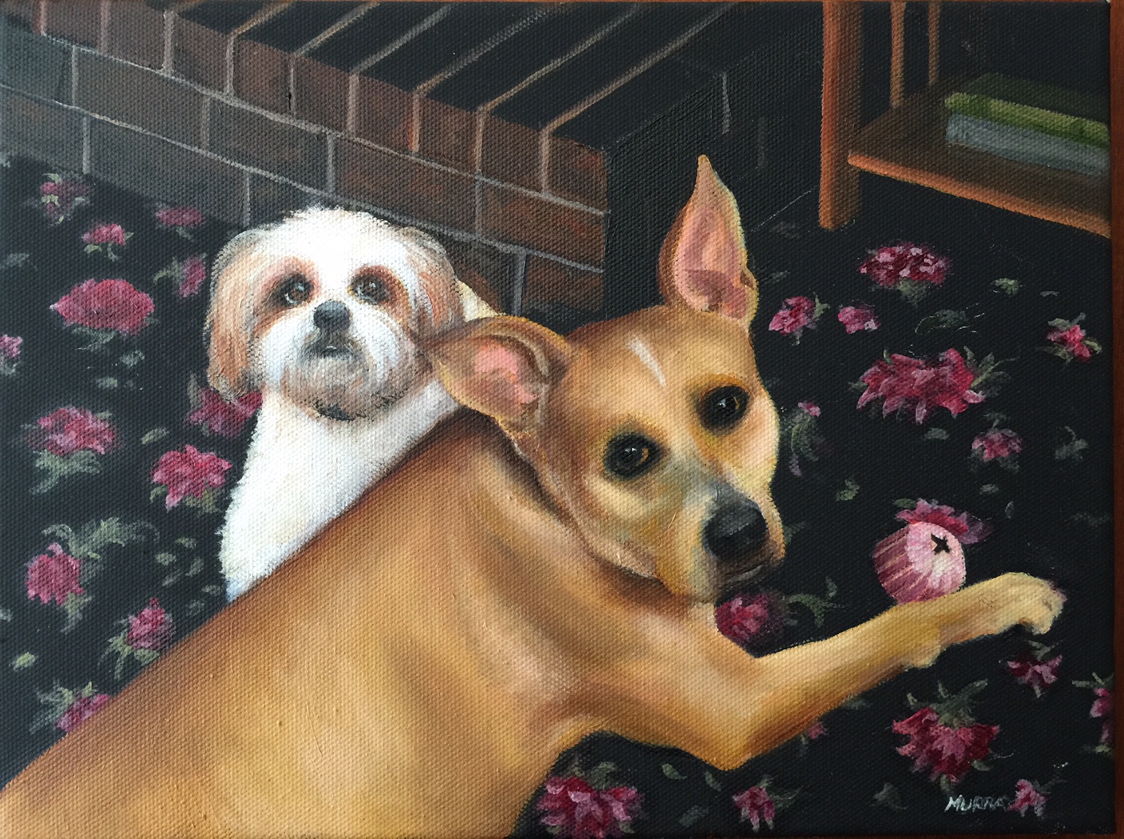 The Shitzu and the Pitbull, 10 x 12 on black canvas