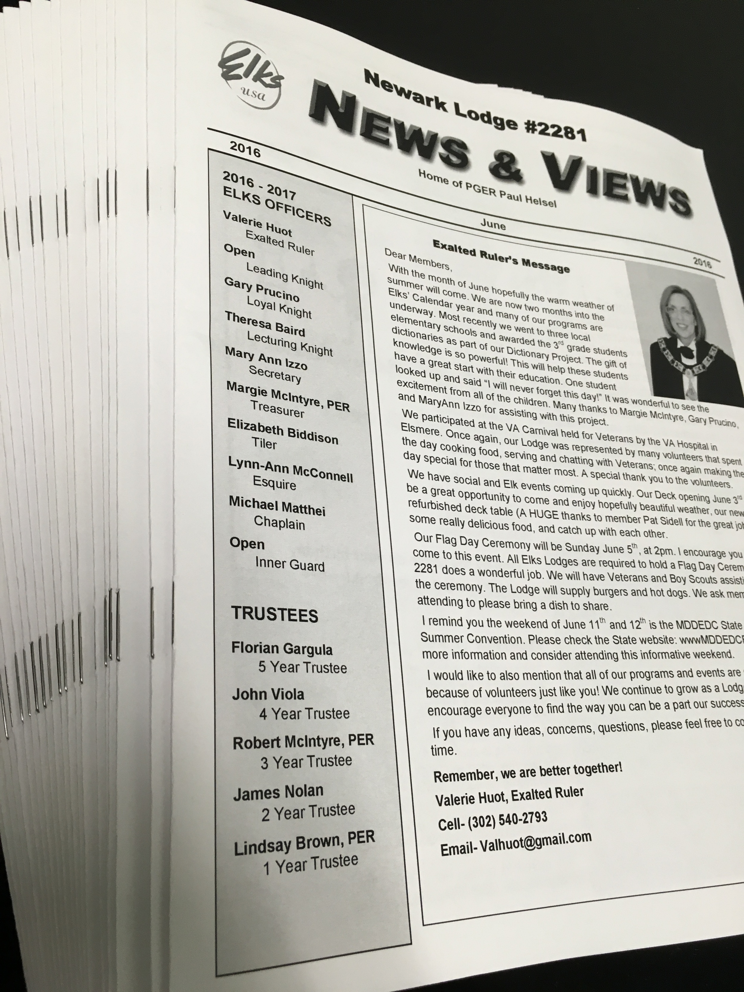 Newsletter from Newark Lodge #2281 of ELKS, titled 'News & Views', featuring a message from Exalted Ruler Valerie Huot, lists officers, trustees, and upcoming events including Flag Day Ceremony and Summer Convention, with contact information at the b