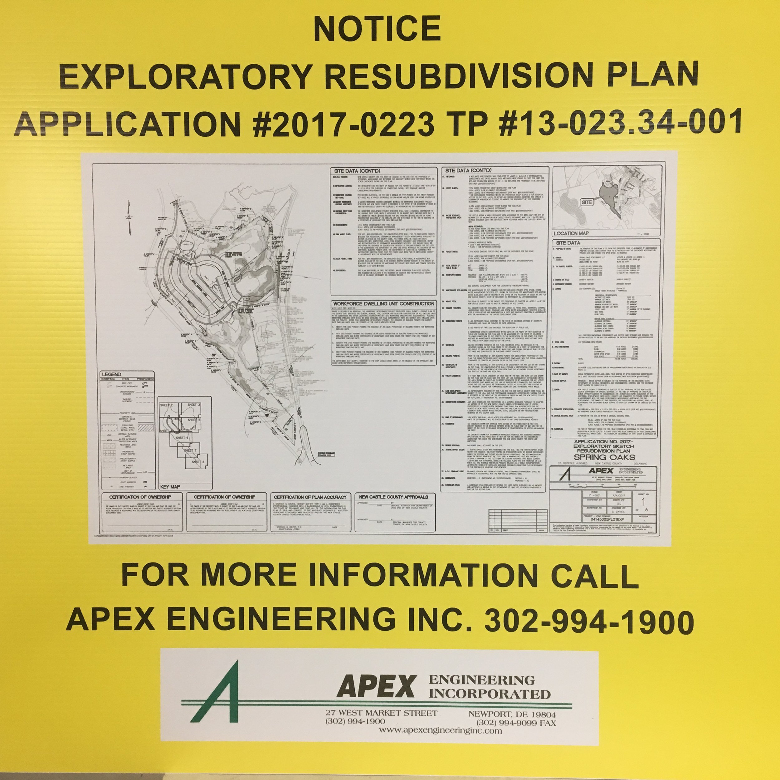 Notice sign for an exploratory resubdivision plan with detailed site map and engineering information, posted by Apex Engineering Inc., including contact phone number.