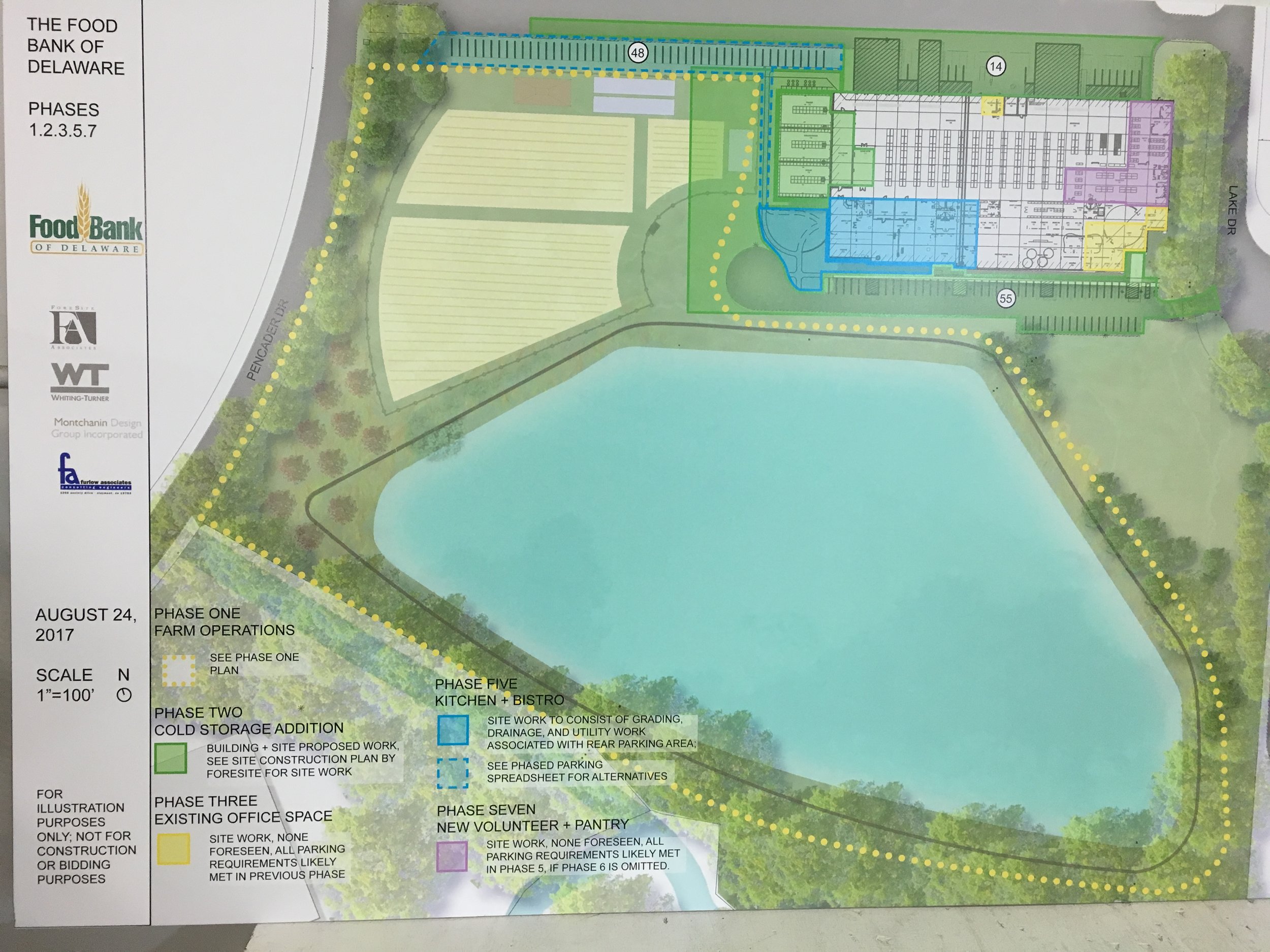 Site plan of the Food Bank of Delaware showing phases of development, labeled areas, parking, green spaces, and a lake, with different color codes for various construction phases, including farm operations, storage, offices, and kitchen and bistro.