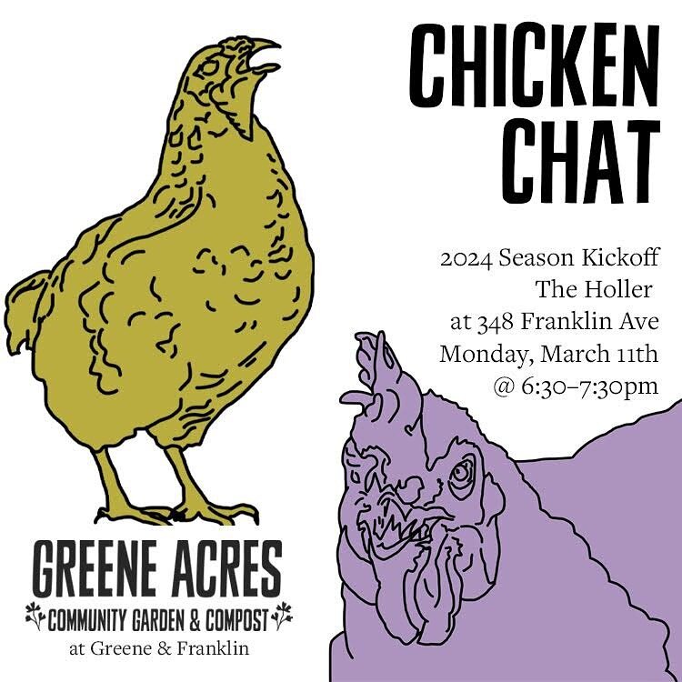 Please join us for the 2024 Season Kickoff of Chicken Chat on Monday, March 11th at 6:30-7:30pm at The Holler! This will be a social meeting that will allow us to reconnect and collaborate on ideas for the upcoming spring season. Hope to see you ther