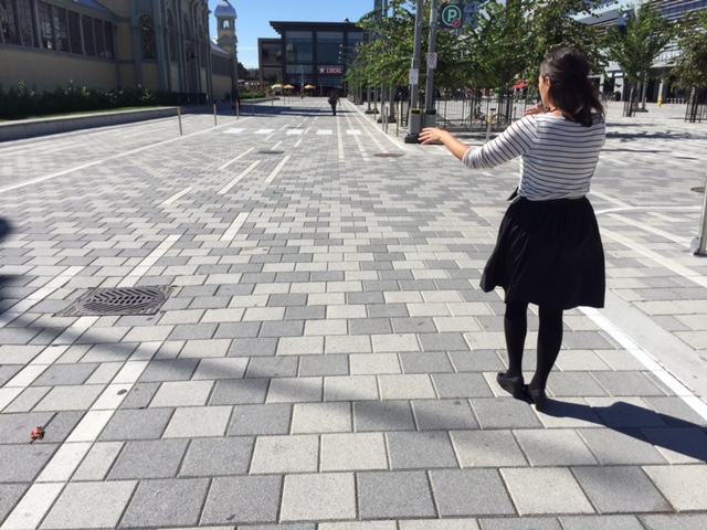 Jaime explaining the intentional pattern of the pavers at Lansdowne Park, which resembles the pattern on birch bark. Photo: C. Earnshaw 