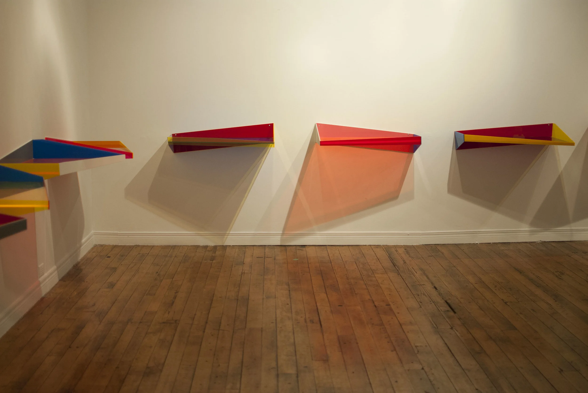 SKEWED, FLUORESCENT ACRYLIC GLASS SHELVES