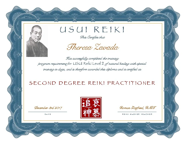 Second Degree Reiki Practitioner Certification for Theresa Zavada.