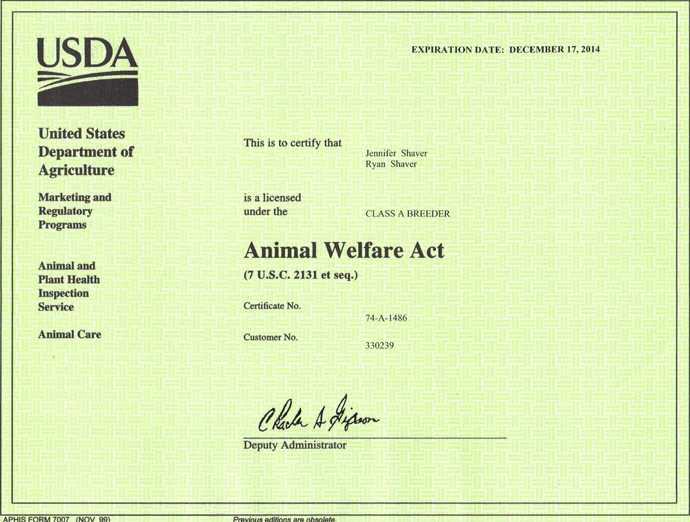 Sample of USDA Breeding License