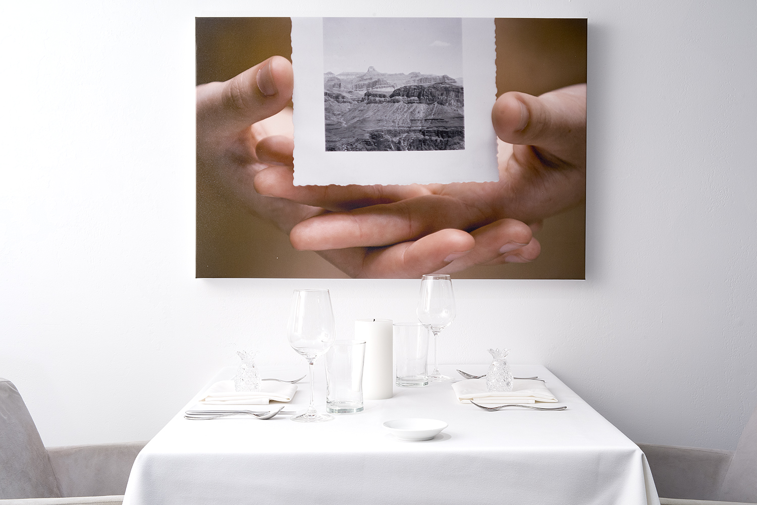 Installation View of The Progresssion, White dining room, one of 12 photographs