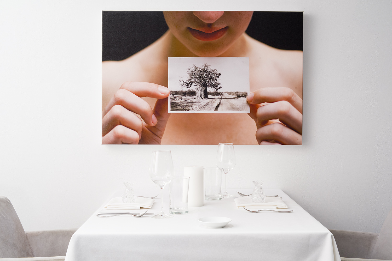 Installation View of The Progresssion, White dining room, one of 12 photographs