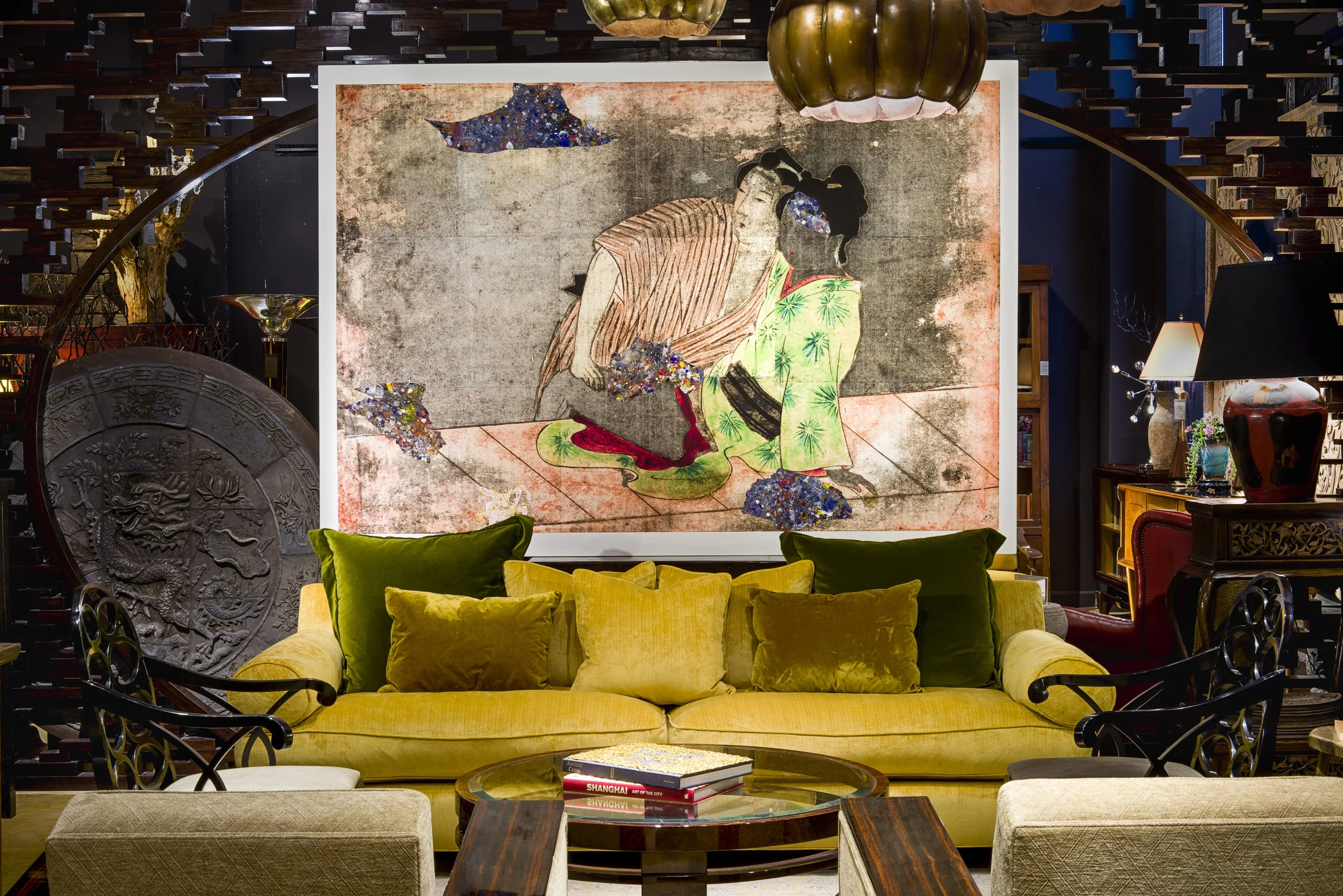 29 new contemporary works in an 18,000 square foot environment at The Golden Triangle, a Chinese Colonial like mansion showcasing both contemporary and ancient works of art and furnishings.