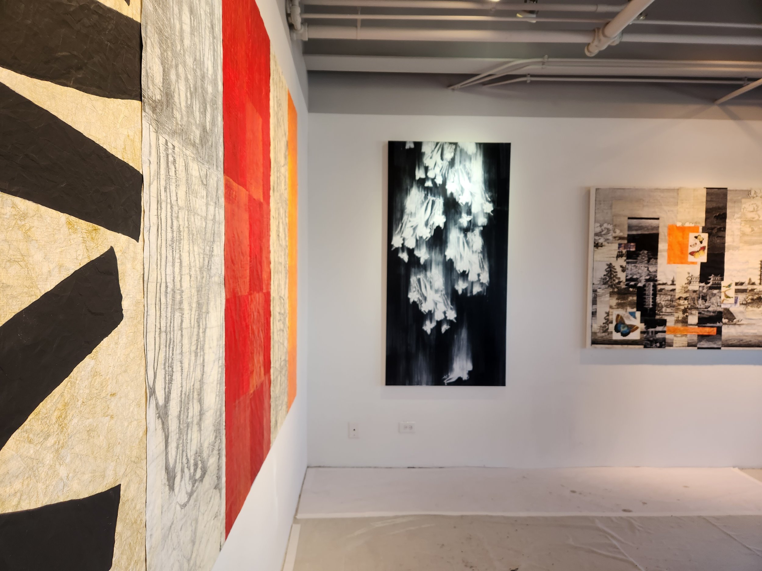 Center work from the Kimono series, 3' X 6', acrylic on canvas, 2024.Work on the right from the Panorama series, 4' X 7', Mixed media on canvas, 2024