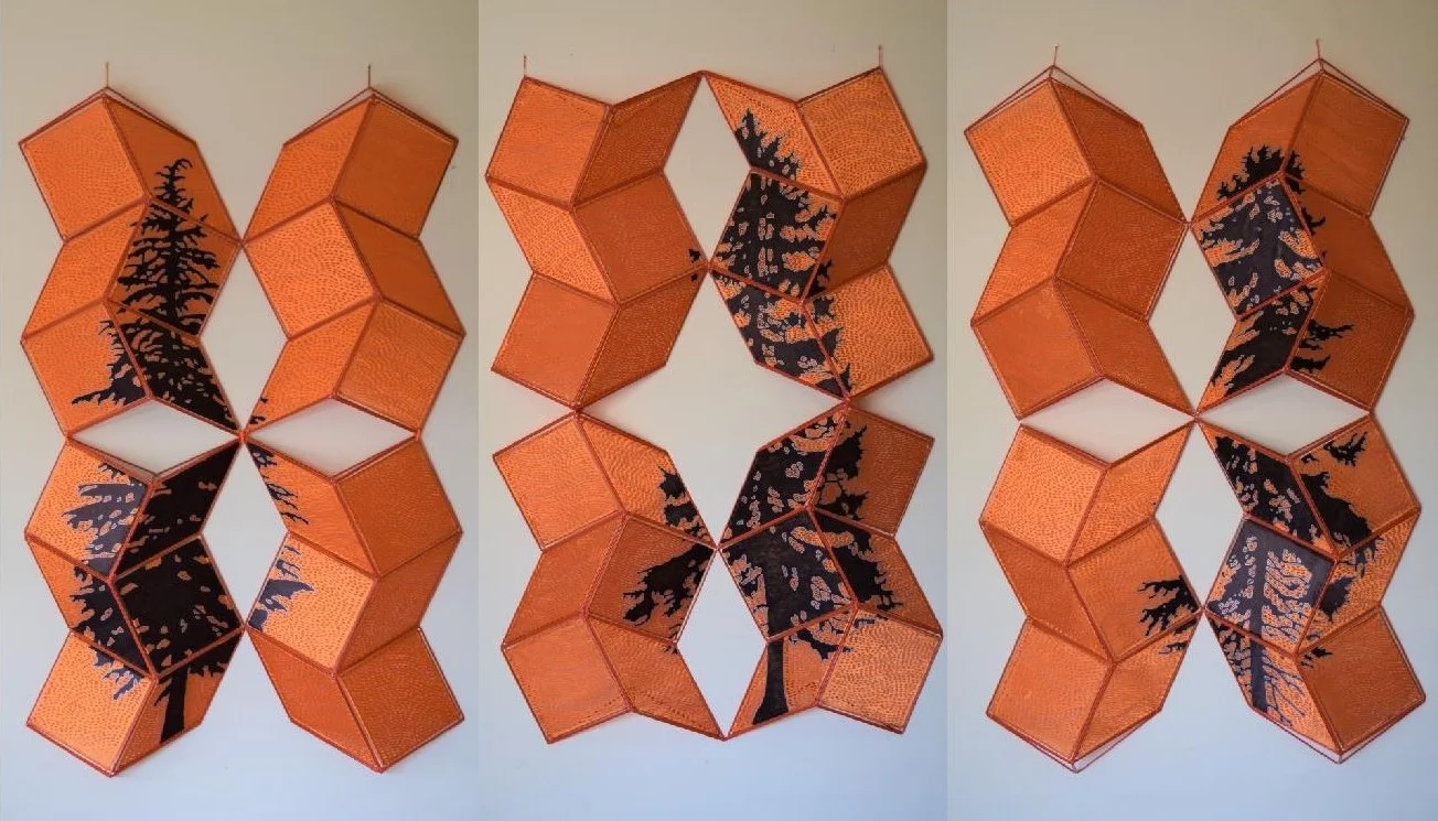 ''Summer Tesselations'' 2018. 3 x (36'' x 54'' x 3 1/2'') Welded wire, polyester fabric, thread, black and silver ink.