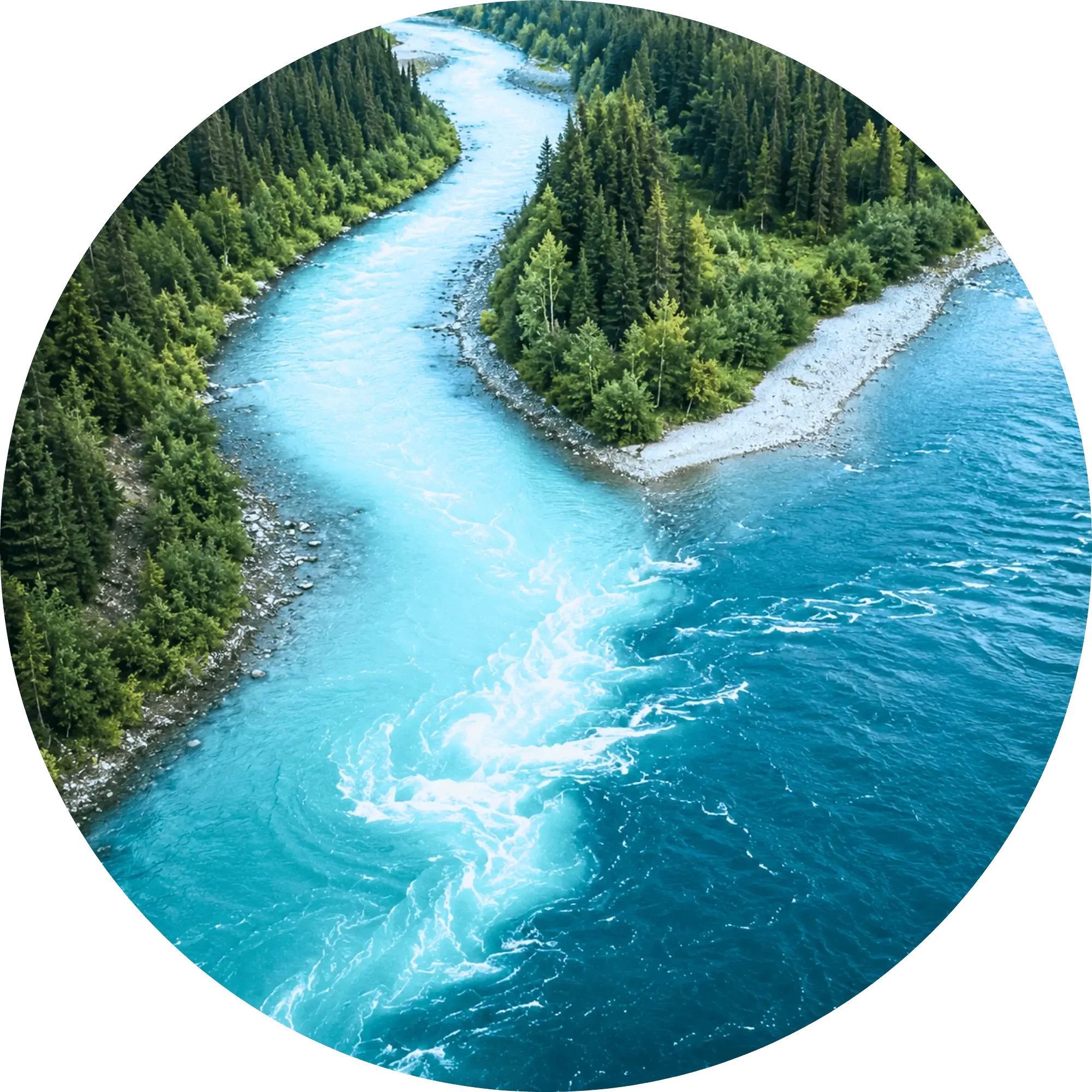 Aerial view of two rivers joining together, symbolizing abundance, collaboration, and a future where everyone can be cared for, supported, and empowered.