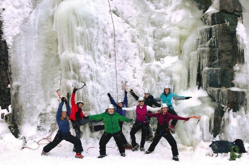 MYA crew (obligatory yoga-ish poses with ice axes. No one was injured while posing for this photo). 