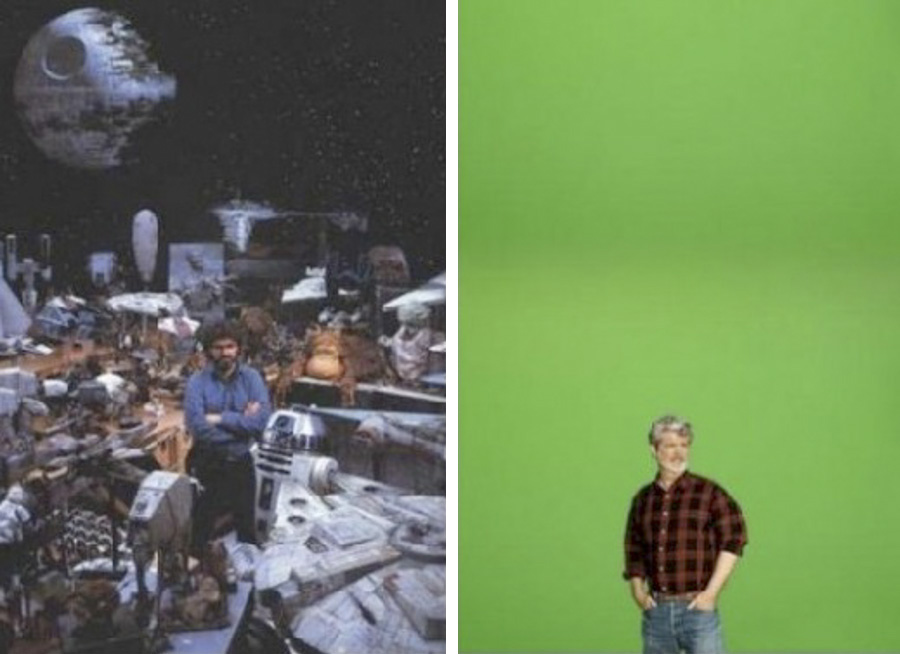 Izquierda: George Lucas en el set de la primera trilogía (1983) Derecha: George Lucas en el set de la segunda trilogía (2005)