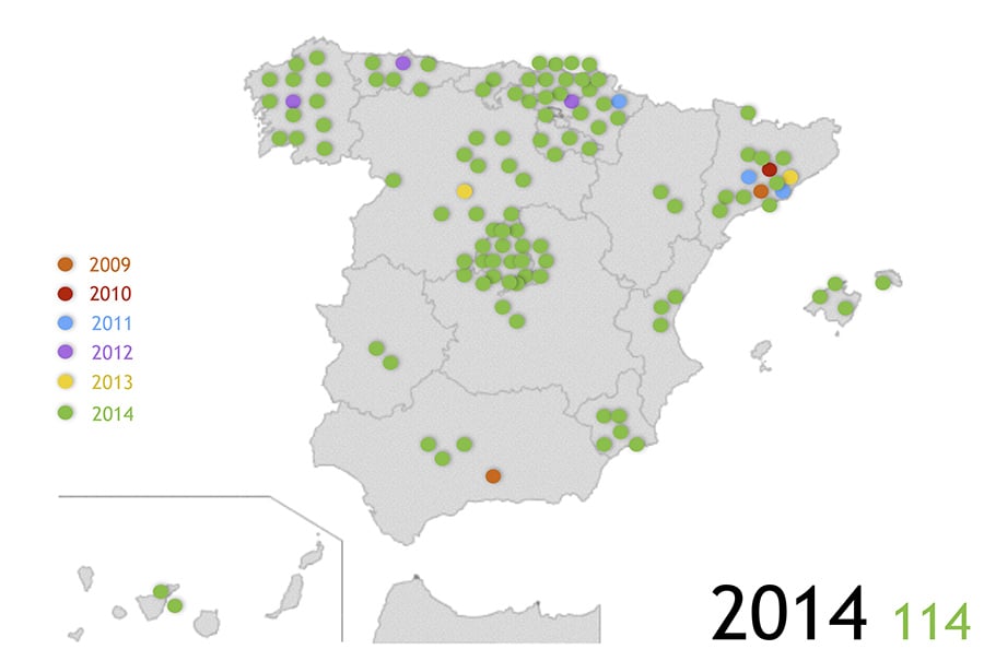 Mapa de Edificios Certificados Passivhaus y ECCN (Edificios de Consumo Casi Nulo) en 2014. Mapa: PEP.