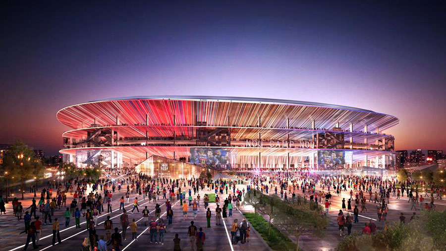 Vista exterior del proyecto de remodelación del Camp Nou, con los forjados inclinados decorados a modo de fachada.