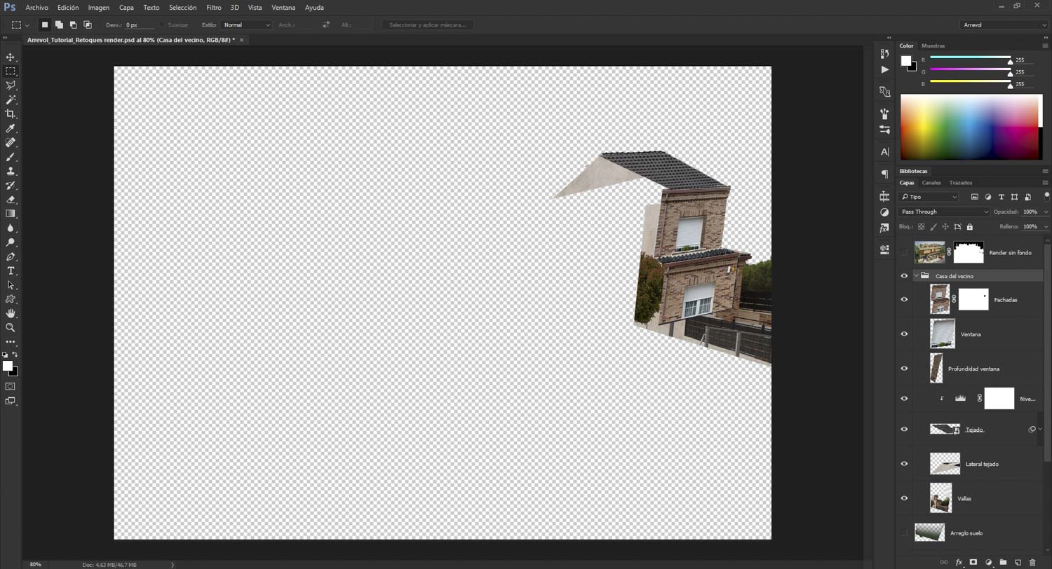 Al no poder obtener una fotografía real de la casa colindante con la misma perspectiva del 3D (debido a la altura de la cámara) tomamos varias fotografías de la vivienda para luego recortarlos y montarlas como si de un collage se tratara.