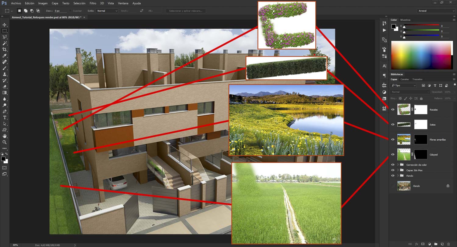 Al césped creado en el programa 3D le falta profundidad y detalle, pero buscando imágenes de campos, flores, arbustos, etc, podemos añadir más realismo a nuestra vegetación.